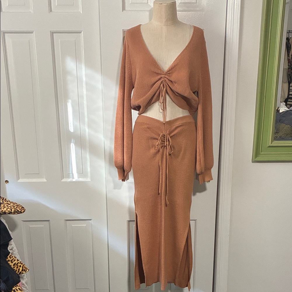 Anthropologie - Flat White  - Elegant Tan Knit Skirt Set